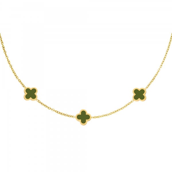 Halskette drei bunte Kleeblätter - olivgrün