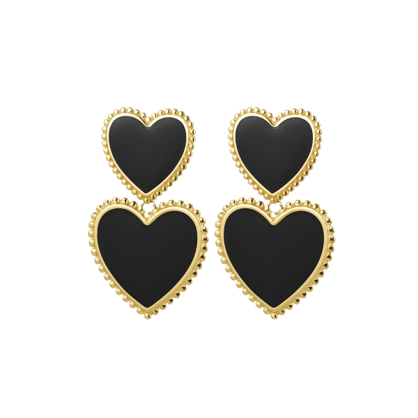 Earrings 2 x heart - black black &amp; gold stainless steel