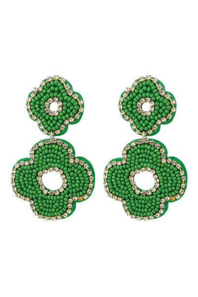 Earrings beads double flower - green glass