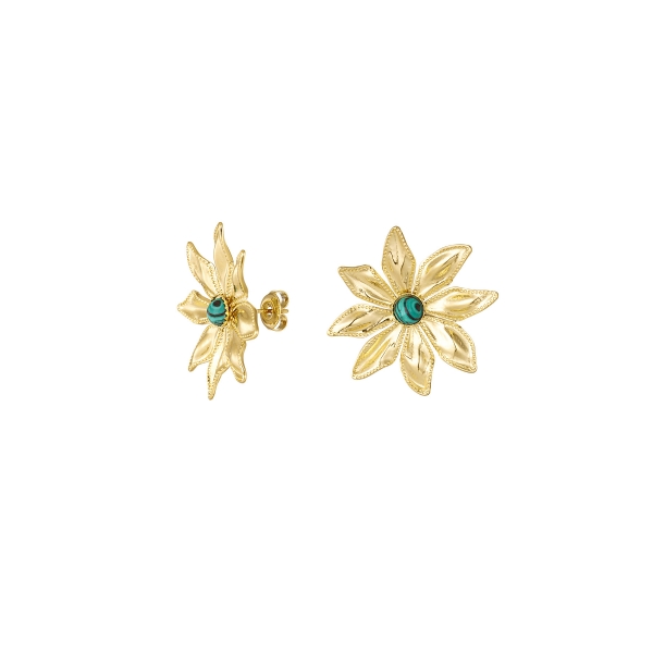 Stud earrings flower with stone - gold/green