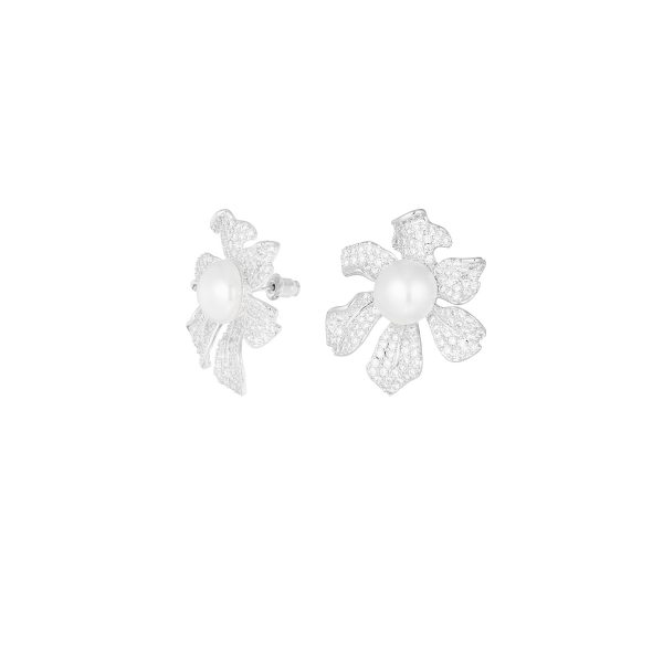 Pendientes flor brillante perla plata - circonita cobre