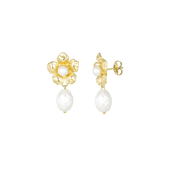 Statement flower pearl earrings - gold