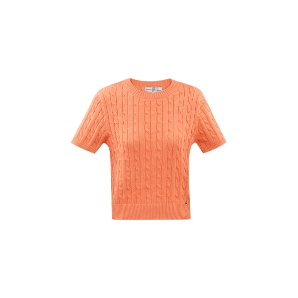 Pull tricoté avec torsades et manches courtes petit/moyen – orange