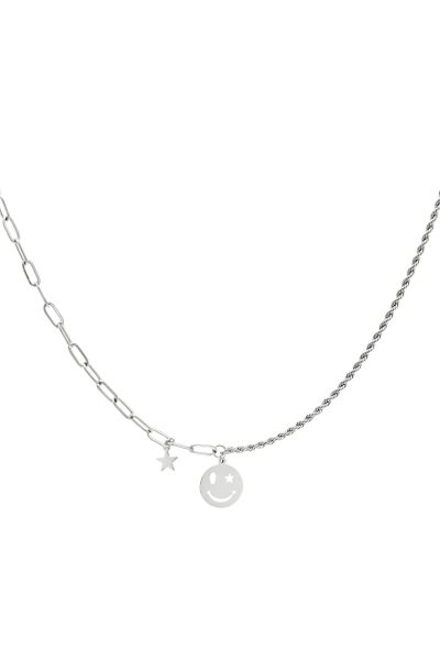 Stainless steel necklace smiley and star silver