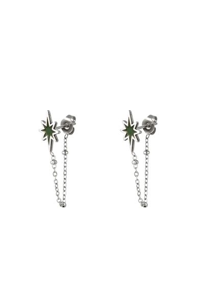 Earstud star and chain green & silver stainless steel