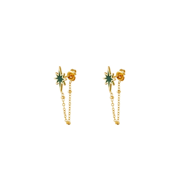 Earstud star and chain green & gold stainless steel