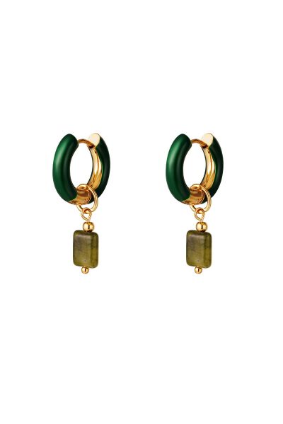 Earrings with colored charm large green & gold stainless steel