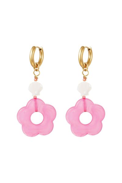 Pink flower earrings - beach collection pink &amp; gold color stainless steel