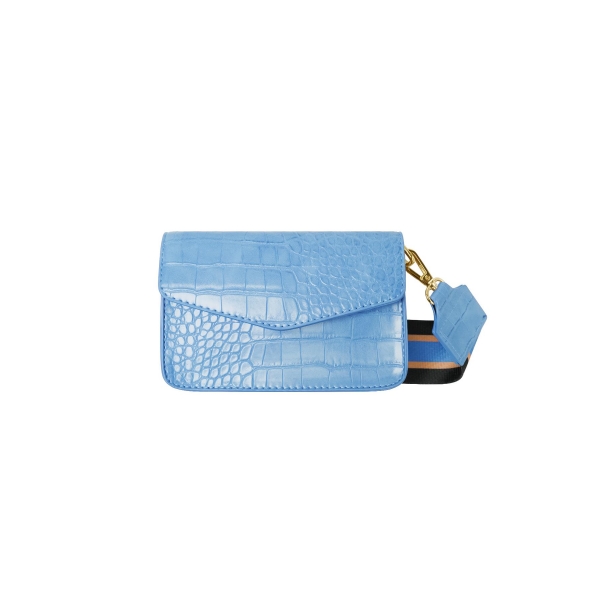 Kleine Krokodilledertasche mit breitem Taschenriemen Blau Polyurethan