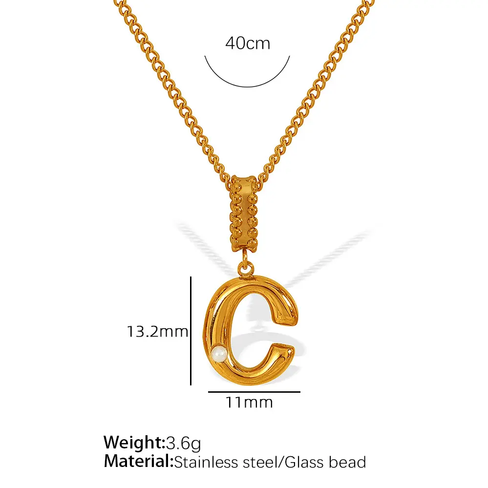 Gold color / 1 Piece Simple Series Casual Letter C Stainless Steel 18K Gold Color Plated Glass Women's Pendant Necklaces Picture3