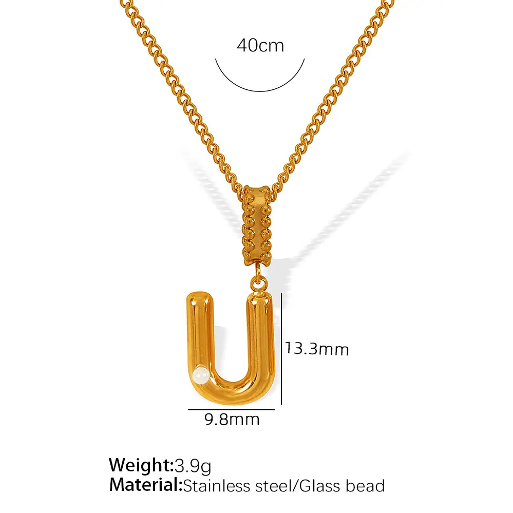 Gold color / 1 Piece Simple Series Casual Letter U Stainless Steel 18K Gold Color Plated Glass Women's Pendant Necklaces Picture21