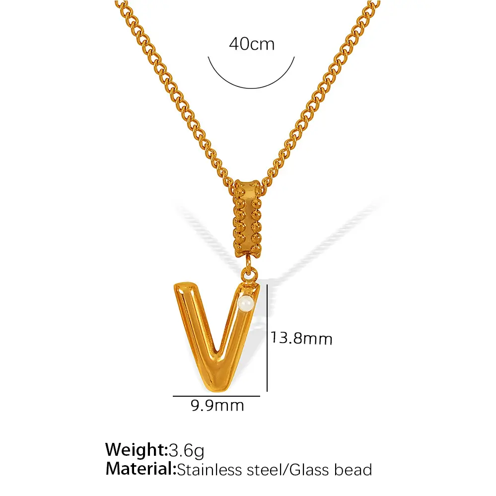 Gold color / 1 Piece Simple Series Casual Letter V Stainless Steel 18K Gold Color Plated Glass Women's Pendant Necklaces Picture22