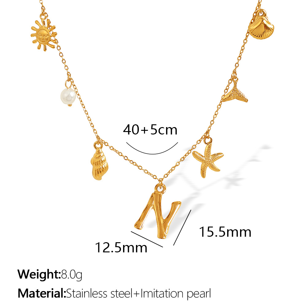 Gold color / 1 Piece Chic Series Vacation Letter N Stainless Steel 18K Gold Color Plated Women's Pendant Necklaces Picture14