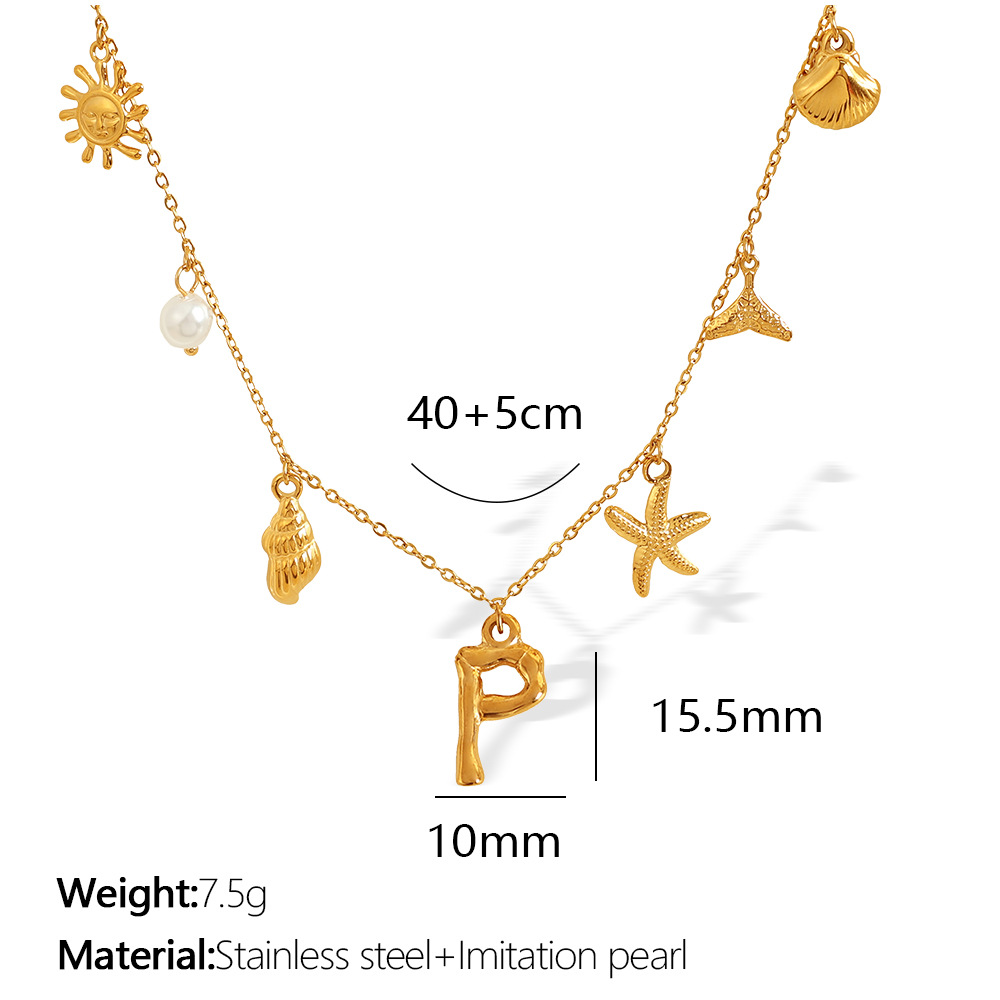 Gold color / 1 Piece Chic Series Vacation Letter P Stainless Steel 18K Gold Color Plated Women's Pendant Necklaces Picture16