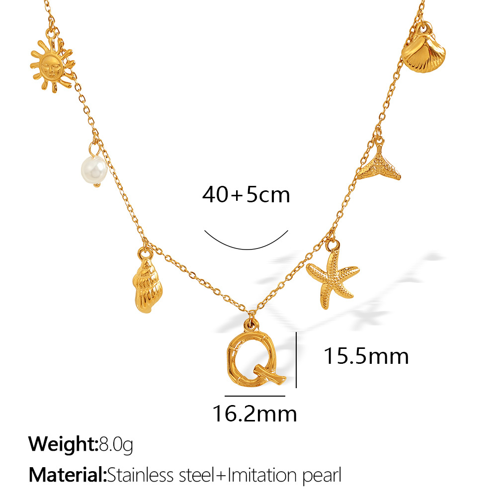 Gold color / 1 Piece Chic Series Vacation Letter Q Stainless Steel 18K Gold Color Plated Women's Pendant Necklaces Picture17