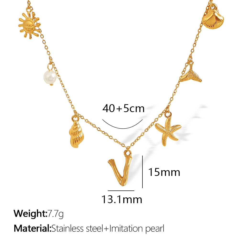 Gold color / 1 Piece Chic Series Vacation Letter V Stainless Steel 18K Gold Color Plated Women's Pendant Necklaces Picture22