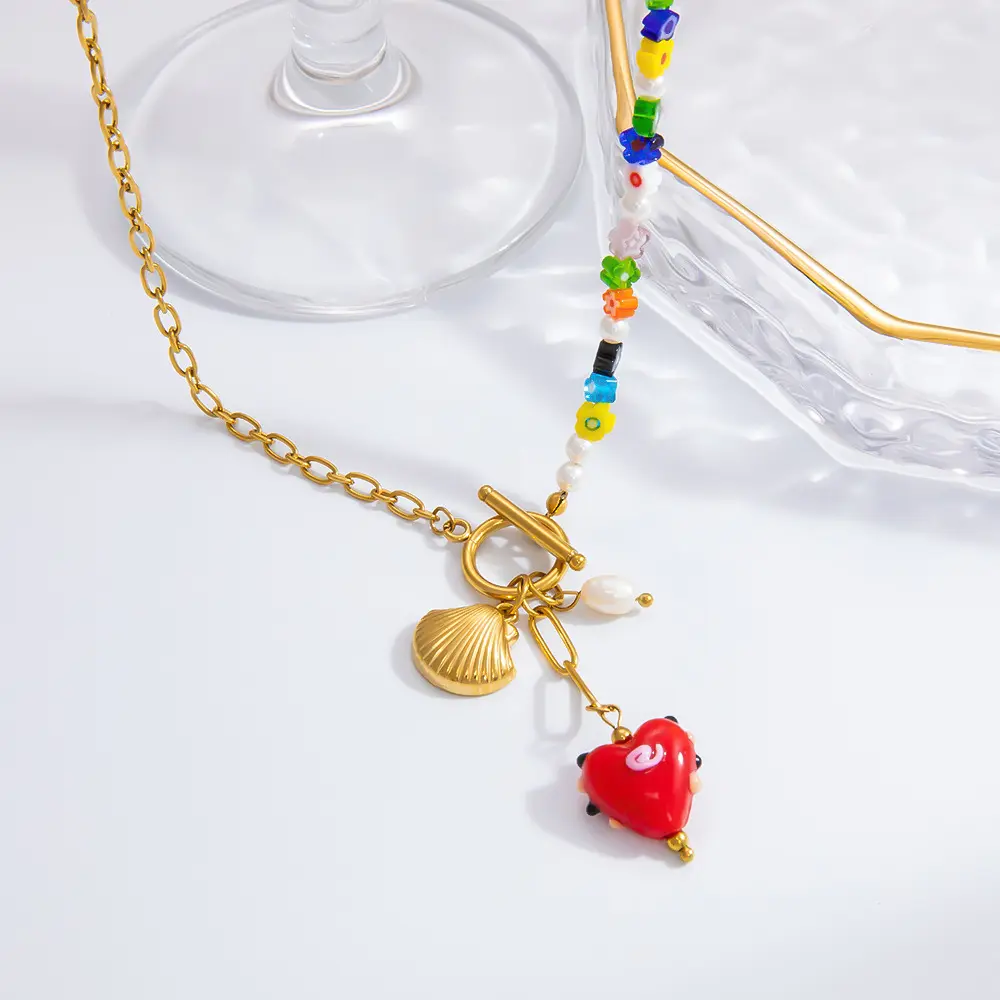 1 Piece Classic Series Retro Heart Stainless Steel Gold Color Glass Women's Pendant Necklaces h5 