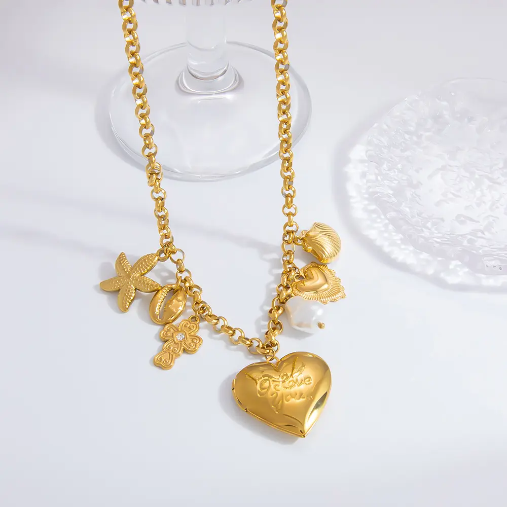 1 Piece Romantic Series Daily Heart Stainless Steel Gold Color Glass Women's Pendant Necklaces h5 