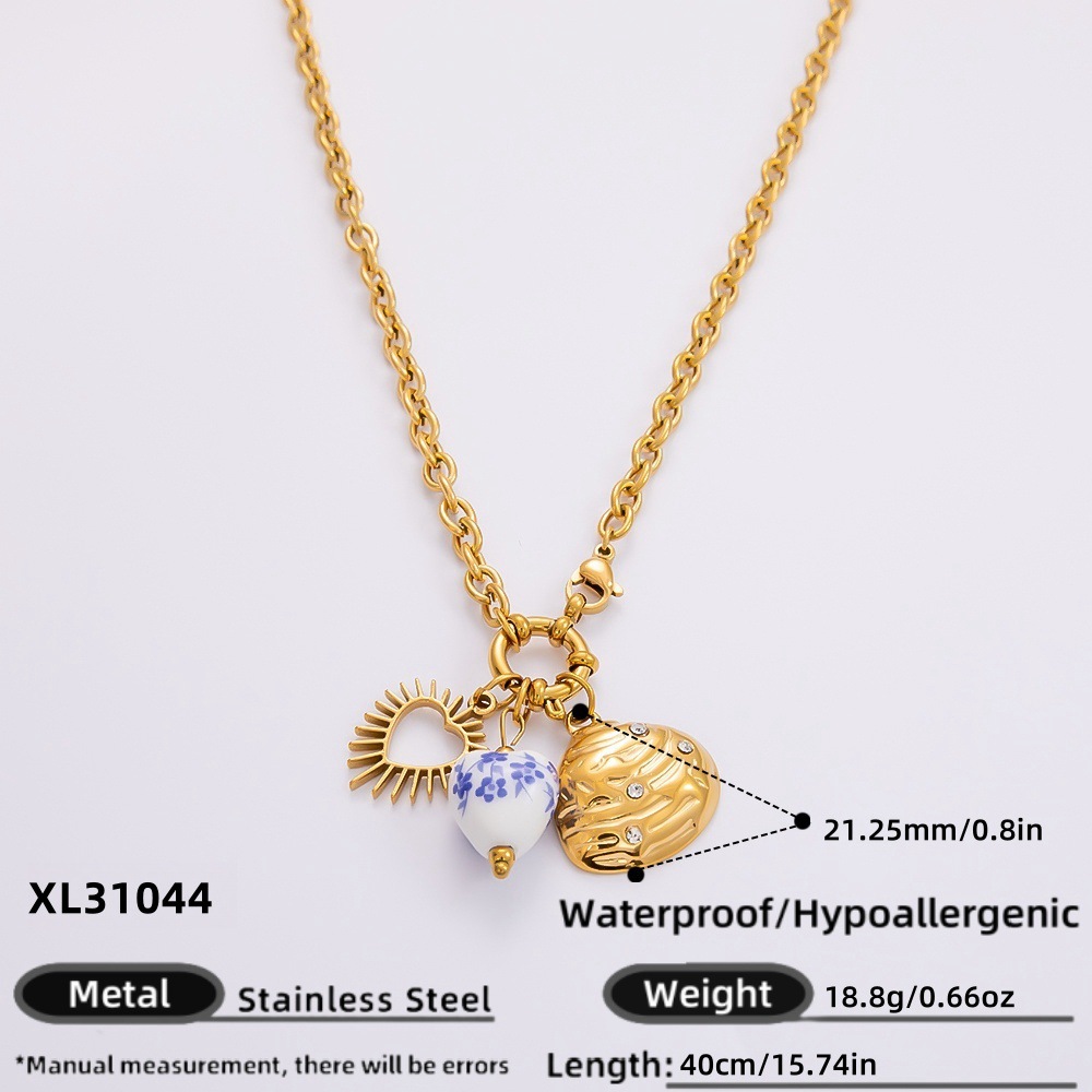 1 Piece Classic Series Simple Heart Stainless Steel  Gold Color Rhinestones Women's Pendant Necklaces h5 