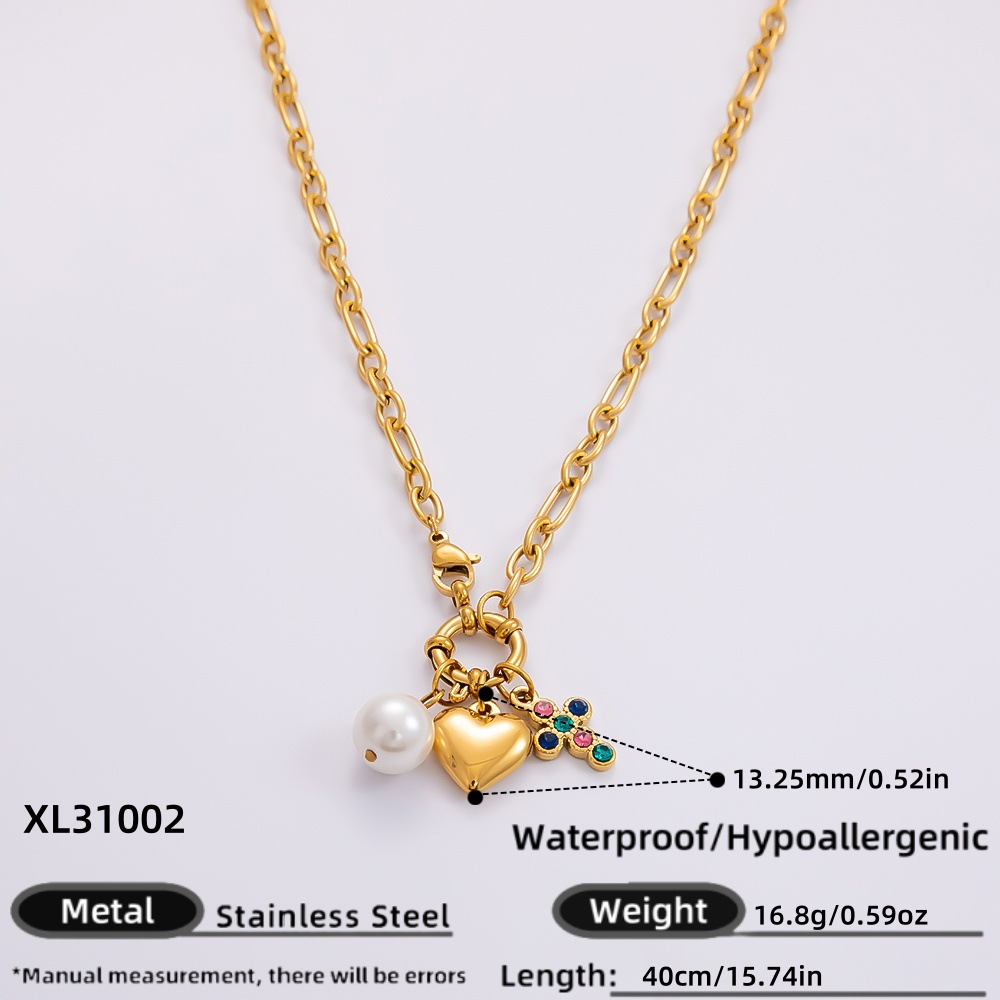 1 Piece Classic Series Simple Heart Stainless Steel  Gold Color Artificial Pearl Women's Pendant Necklaces h5 