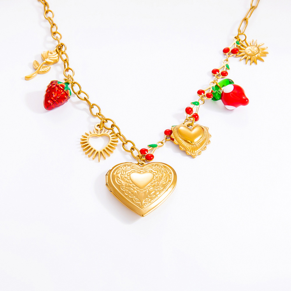 1 Piece Romantic Series Natural Heart Stainless Steel  Gold Color Glass Women's Pendant Necklaces h5 