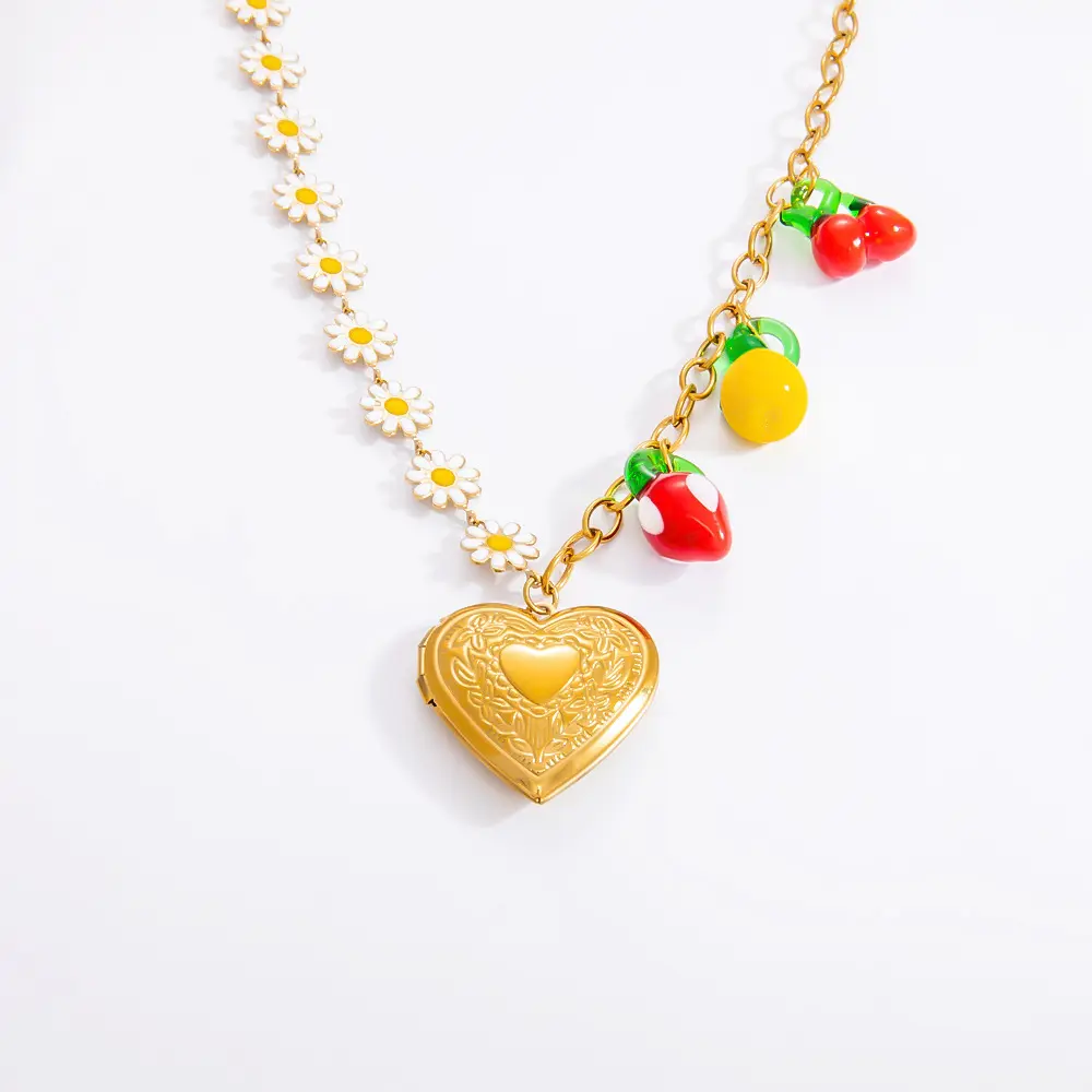 1 Piece Romantic Series Natural Heart Stainless Steel  Gold Color Glass Women's Pendant Necklaces h5 