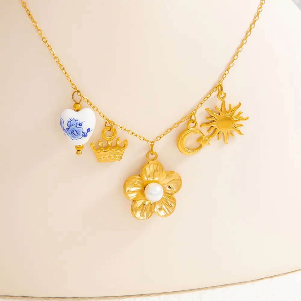 1 Piece Romantic Series Natural Flower Stainless Steel  Gold Color Artificial Pearl Women's Pendant Necklaces h5 