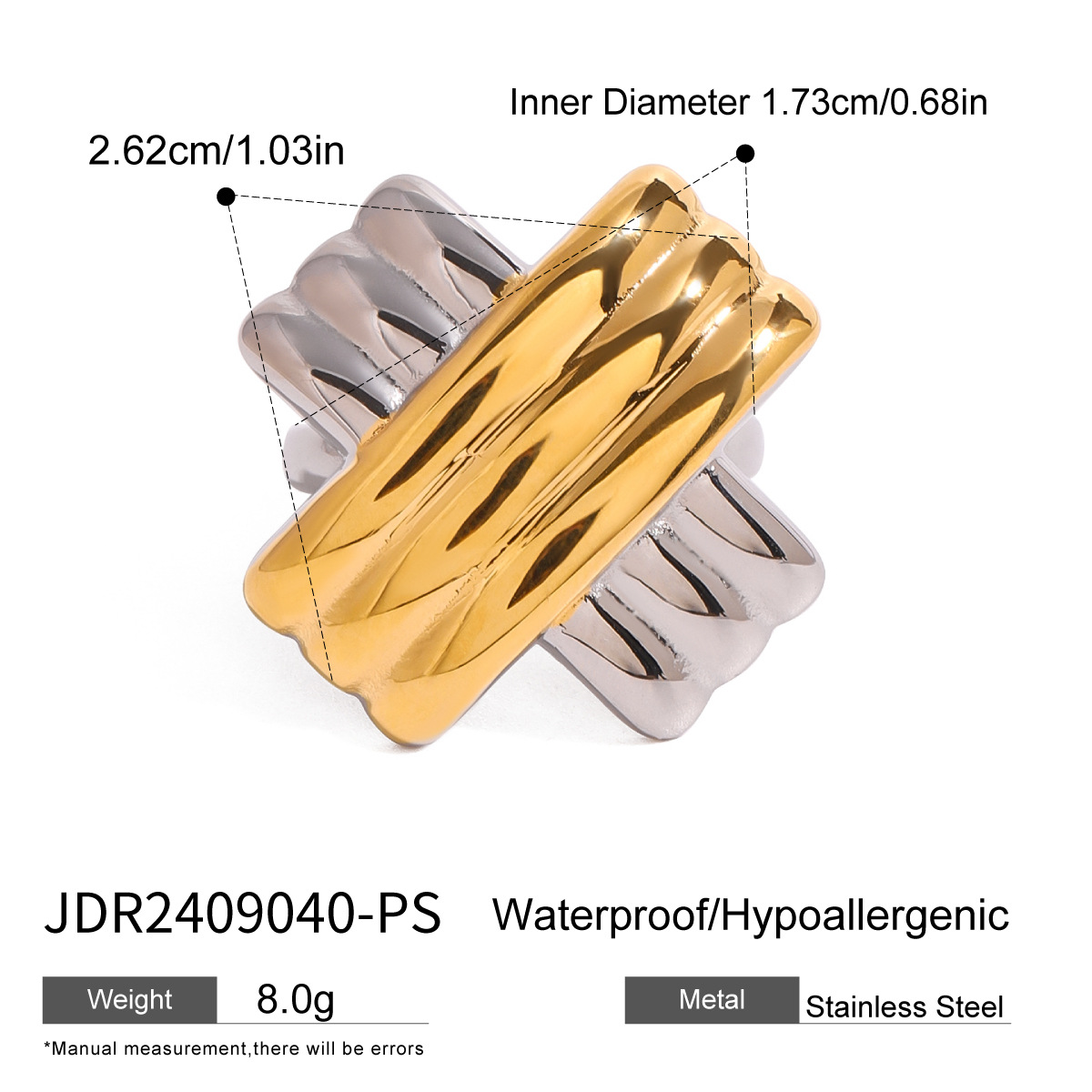 Gold & Silver / 1 Piece Fashionable Casual Style Ribbed X Shape Stainless Steel  Gold Color Women's Adjustable Ring Picture3