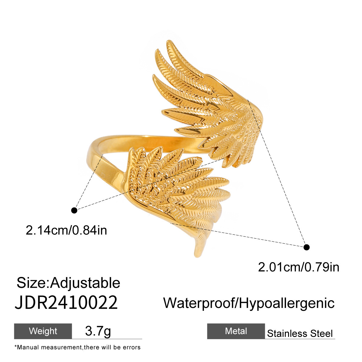 1 Piece Luxurious Series Retro Wing Stainless Steel  Gold Color Women's Adjustable Rings 2