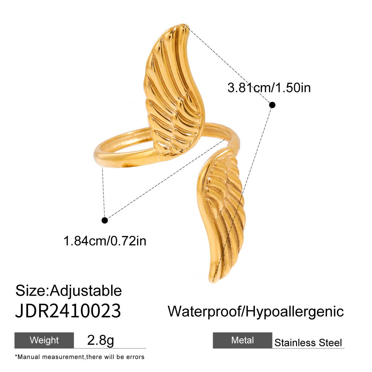 1 Piece Luxurious Series Retro Wing Stainless Steel  Gold Color Women's Adjustable Rings