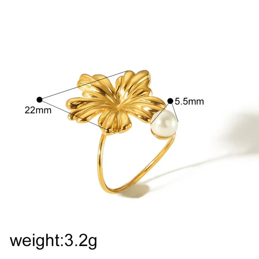 1 Piece Dainty Retro Style Irregular Flower Shape Stainless Steel 18K Gold Color Plated Inlay Artificial Pearls Women's Adjustable Rings h5 