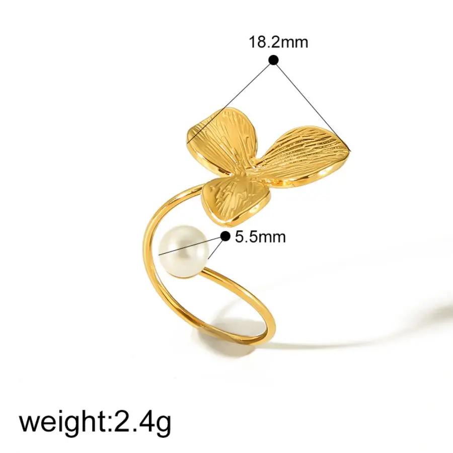 1 Piece Dainty Retro Style Leaf Shape Stainless Steel  Gold Color Plated Inlay Artificial Pearls Women's Adjustable Rings h5 