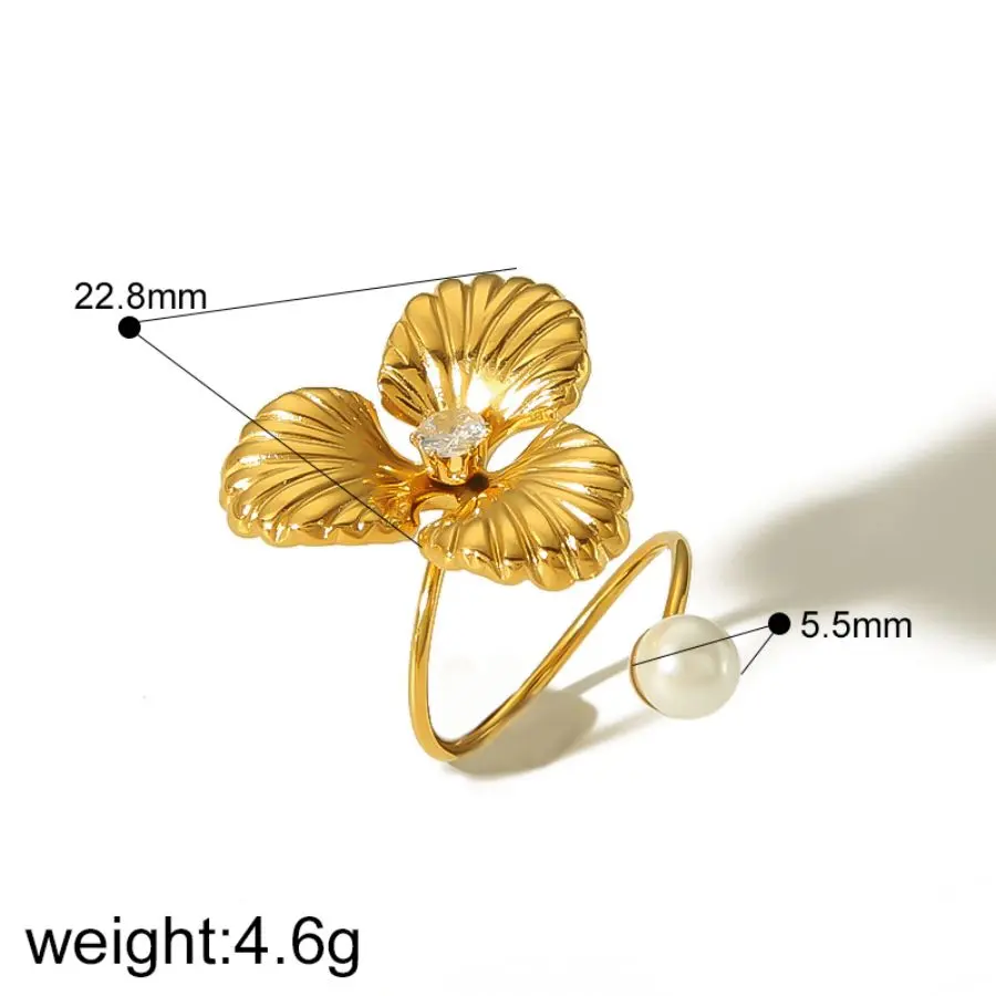 1 Piece Dainty Retro Style Leaf Shape Stainless Steel  Gold Color Plated Inlay Artificial Pearls Women's Adjustable Rings h5 