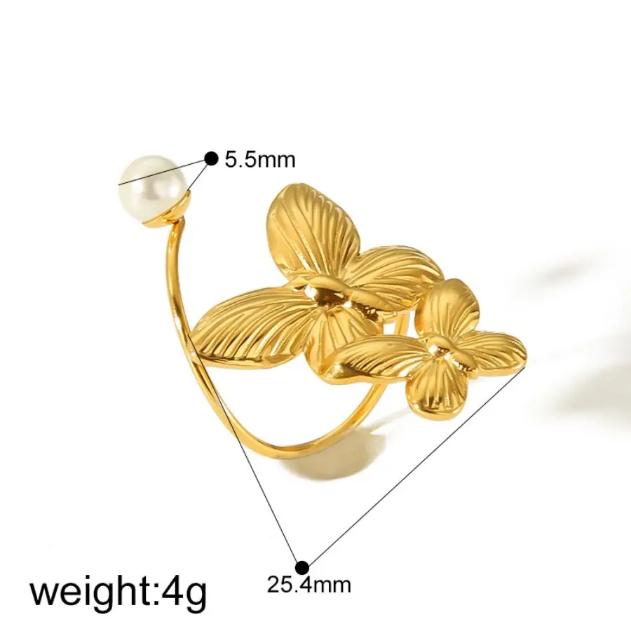 1 Piece Dainty Retro Style Butterfly Shape Stainless Steel  Gold Color Inlay Artificial Pearls Women's Adjustable Rings h5 