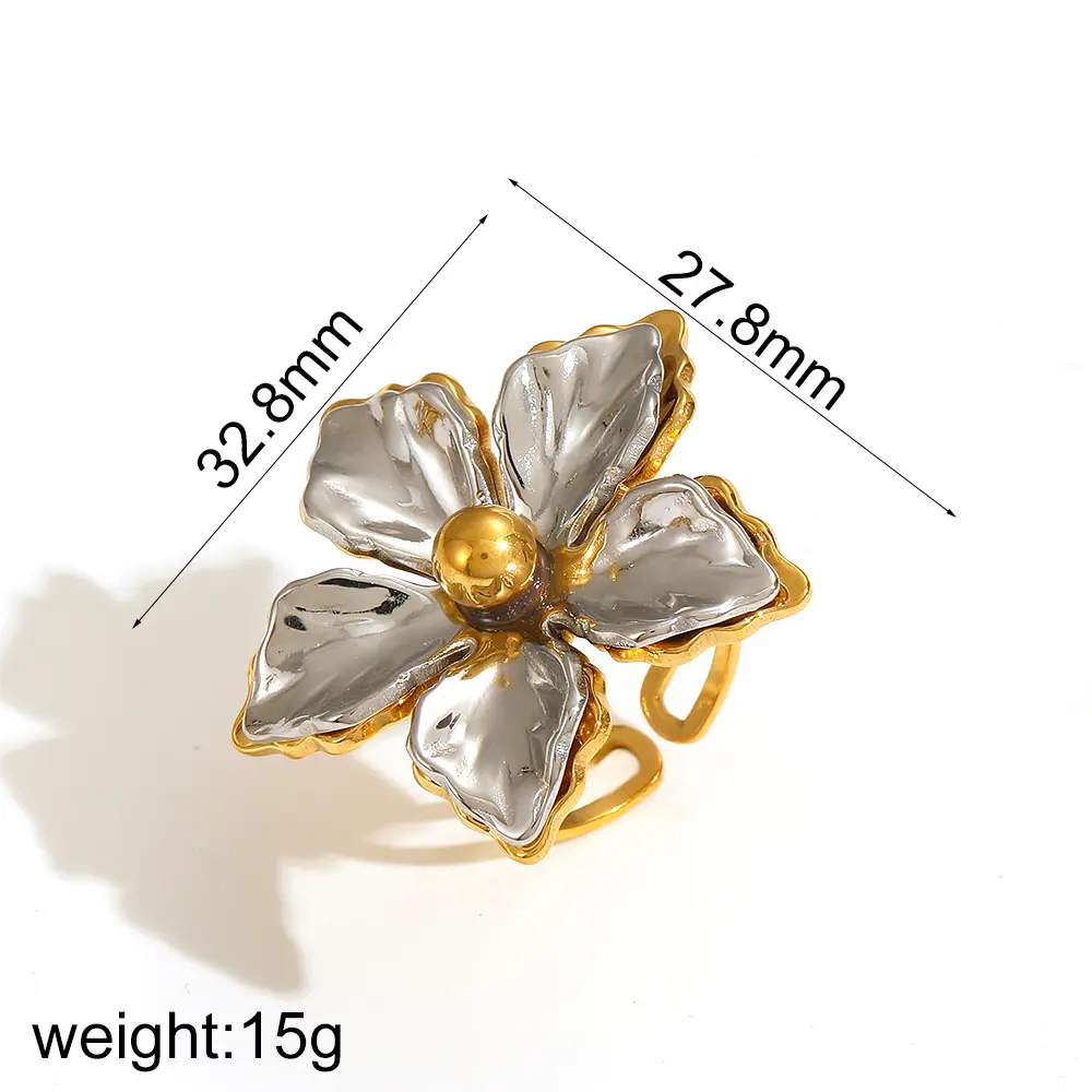 1 Piece Simple Series Daily Flower Stainless Steel 18K Gold Color Plated Women's Adjustable Rings h5 