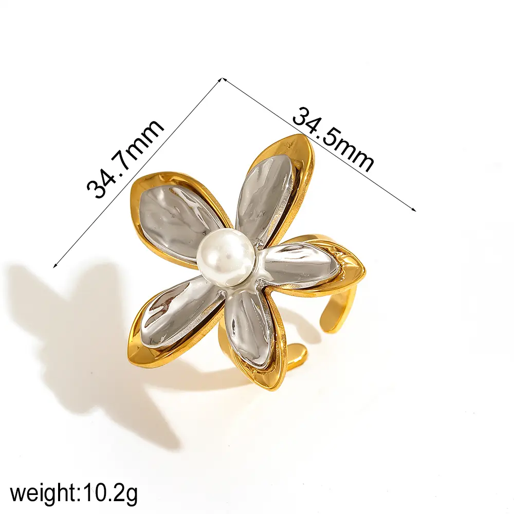 1 Piece Simple Series Daily Flower Stainless Steel  Gold Color Plated Artificial Pearl Women's Adjustable Rings h5 