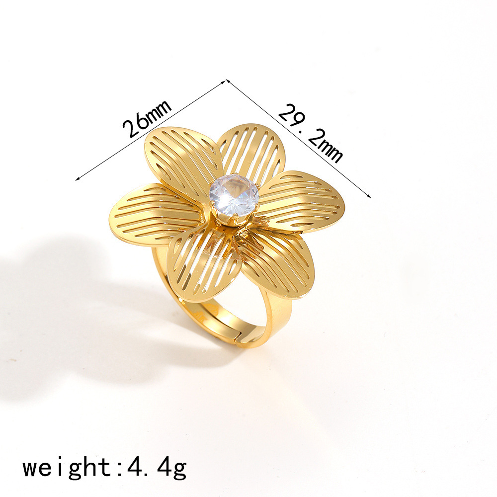 1 Piece Simple Series Daily Flower Stainless Steel  Gold color Plated Zircon Women's Statement Rings h5 