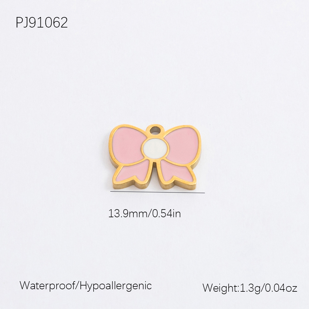 Pink & Gold / 1 Piece Romantic Series Sweet Bowknot Stainless Steel Drop Oil Gold Color DIY Women's Pendants Picture3