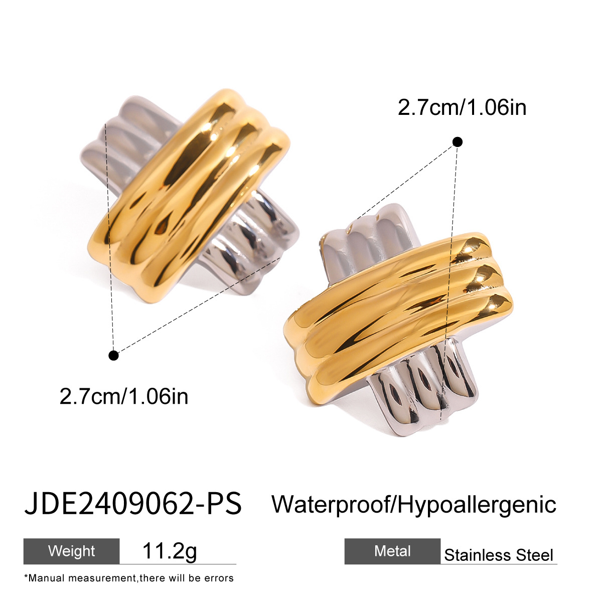 1 Pair Fashionable Daily Style Ribbed X Shape Stainless Steel  Gold Color Women's Stud Earrings h5 