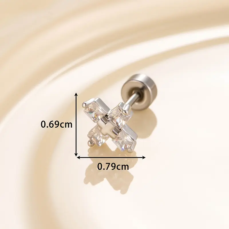 1 Piece Simple Series Simple Cross Titanium Steel Silver Color Material Zircon Women's Stud Earrings h5 