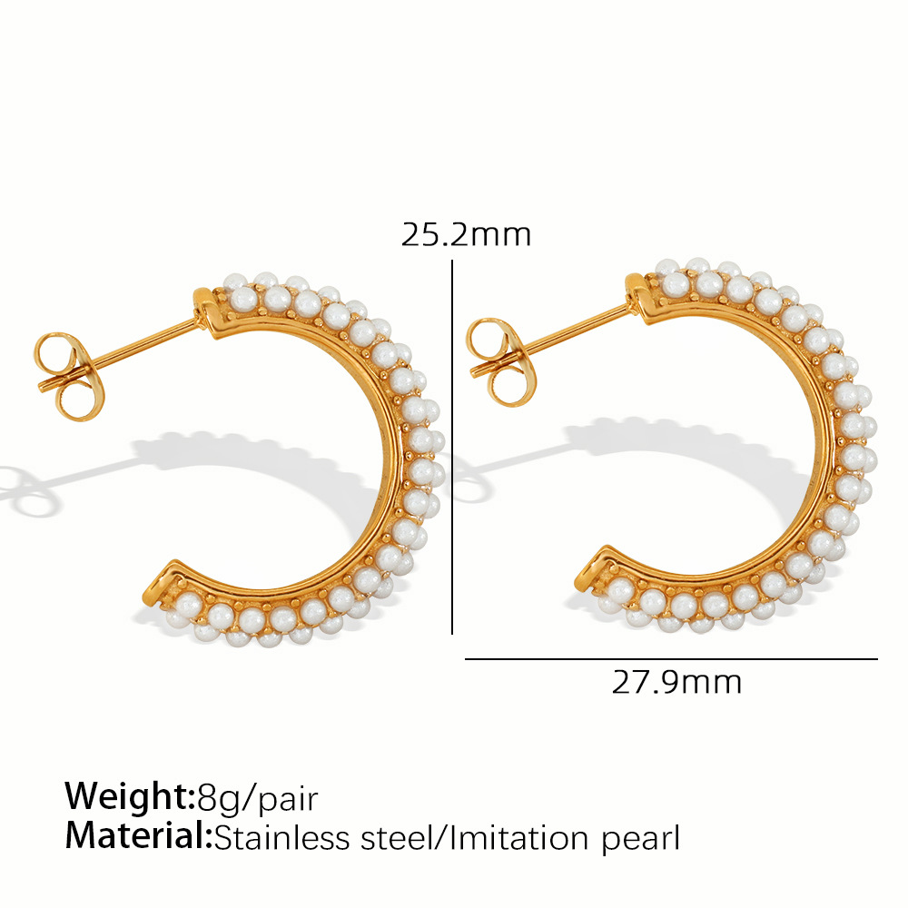 1 Paar Creolen für Damen aus Edelstahl im Retro-Stil mit geometrischem Muster, 18 Karat Goldfarbe plattiert, Kunstperle h5 