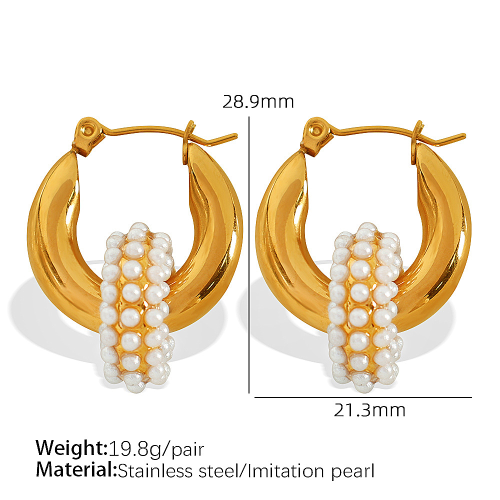 1 Pair Luxurious Series Retro Geometric Stainless Steel  Gold Color Artificial Pearl Women's Hoop Earrings h5 