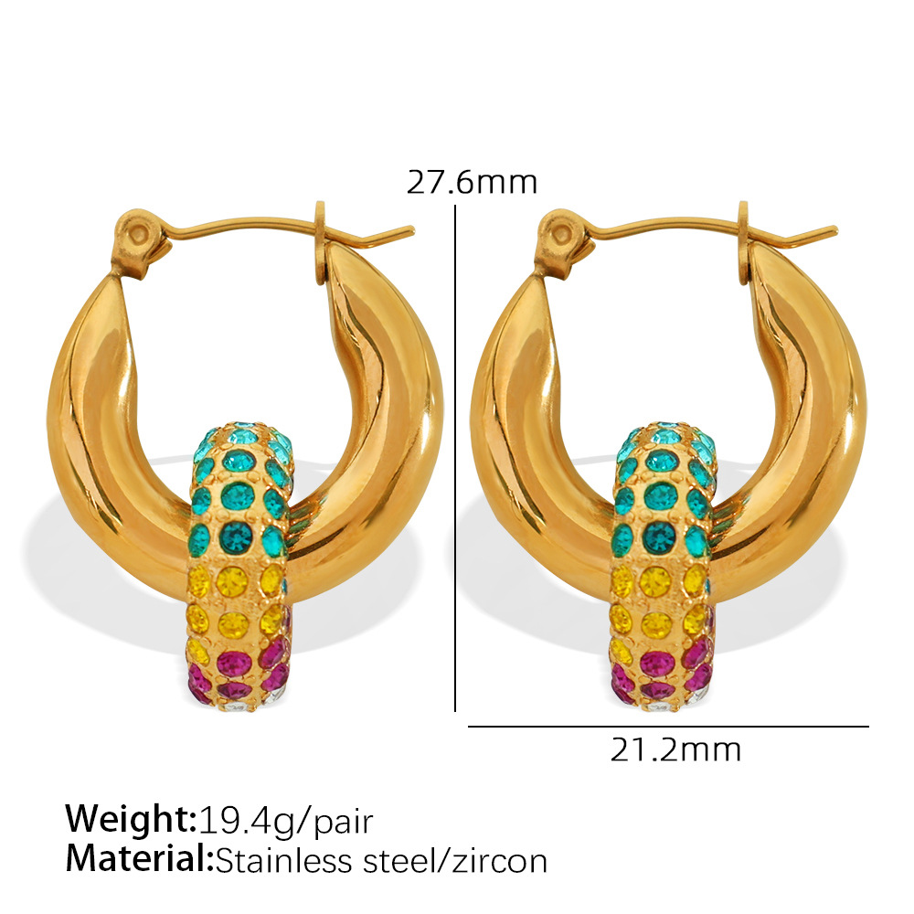 1 Pair Luxurious Series Retro Geometric Stainless Steel  Gold Color Zircon Women's Hoop Earrings h5 