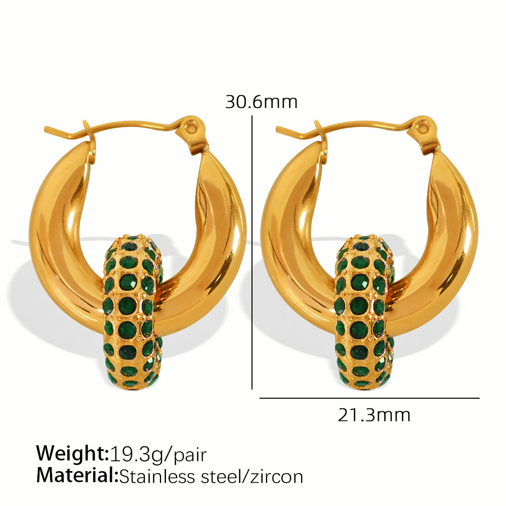 1 Pair Luxurious Series Retro Geometric Stainless Steel  Gold Color Zircon Women's Hoop Earrings h5 