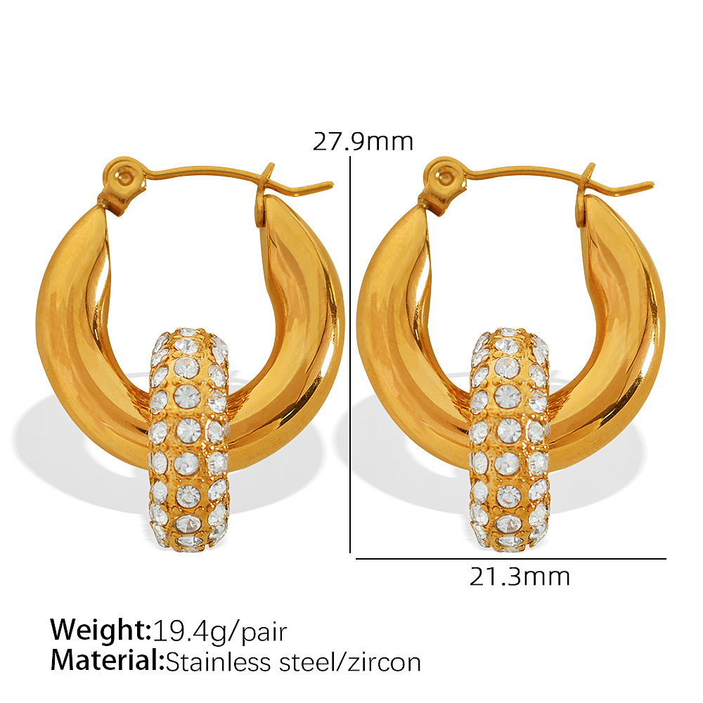 1 Pair Luxurious Series Retro Geometric Stainless Steel 18K Gold Color Plated Zircon Women's Hoop Earrings h5 