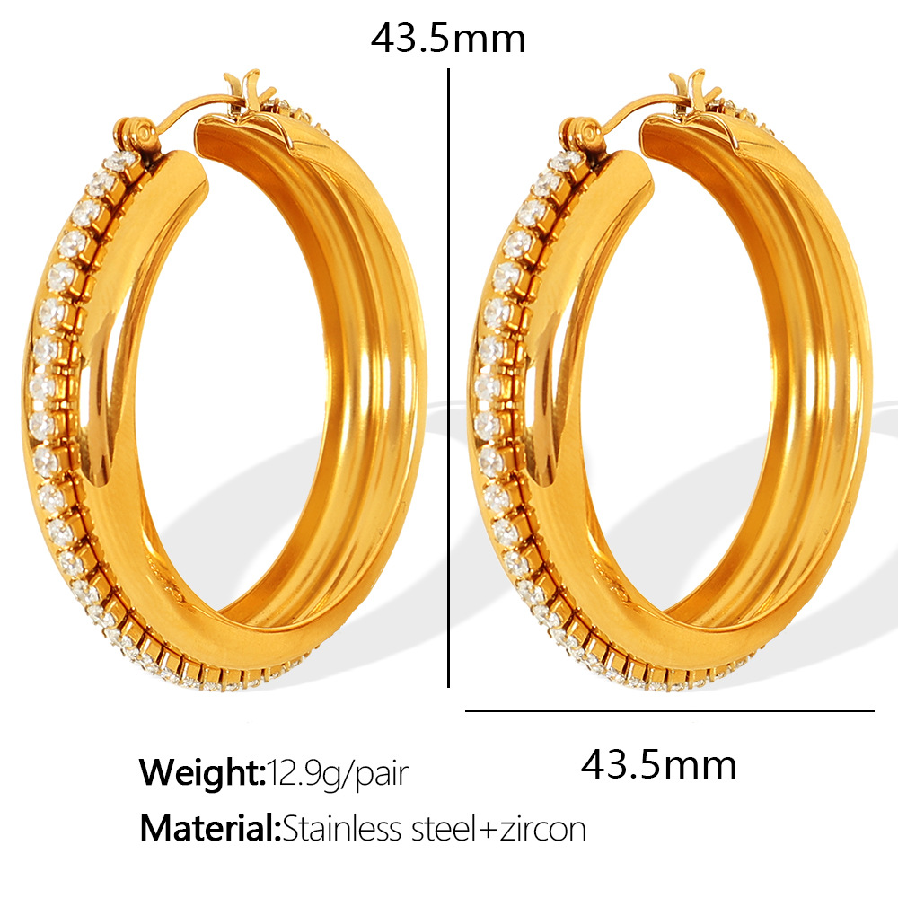 1 Pair Simple Series Classic Oval Stainless Steel  Gold Color Zircon Women's Hoop Earrings