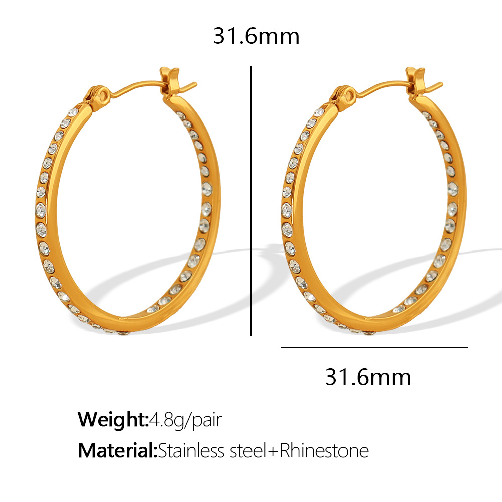 1 Pair Simple Series Retro Geometric Stainless Steel  Gold Color Rhinestone Women's Hoop Earrings h5 