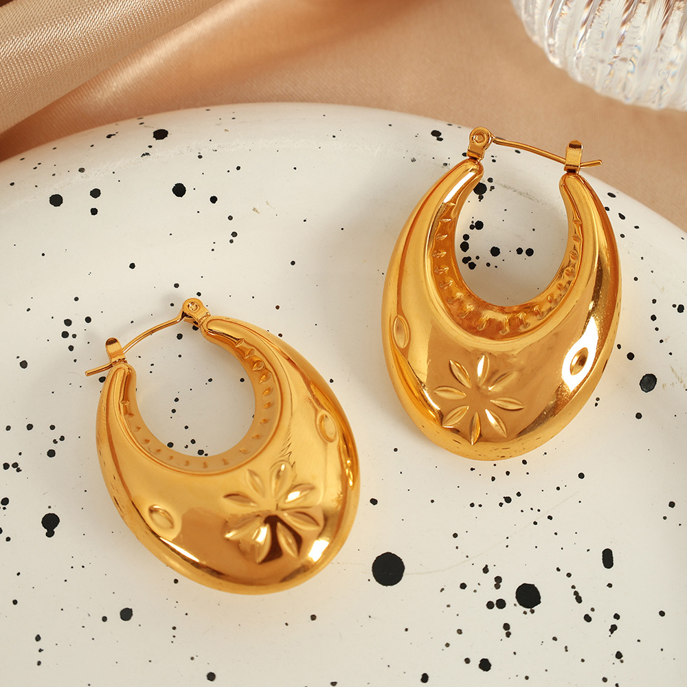 1 Pair Simple Series Retro Geometric Stainless Steel 18K Gold Color Plated Women's Hoop Earrings h5 