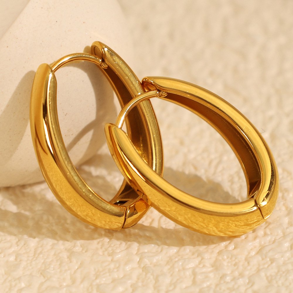 1 Pair Simple Series Classic Oval Color Stainless Steel  Gold Color Women's Hoop Earrings h5 