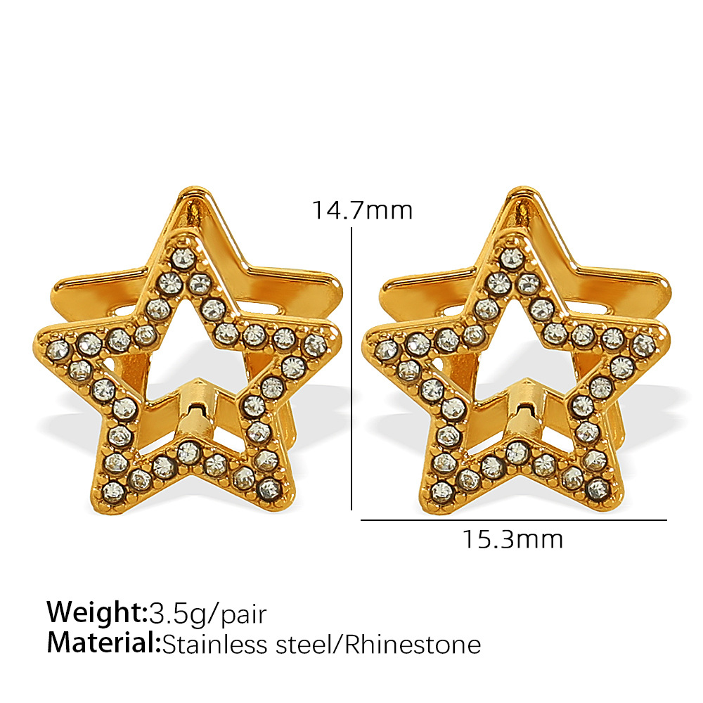 1 Pair Simple Series Sweet Star Stainless Steel  Gold Color Rhinestone Women's Clip-on Earrings